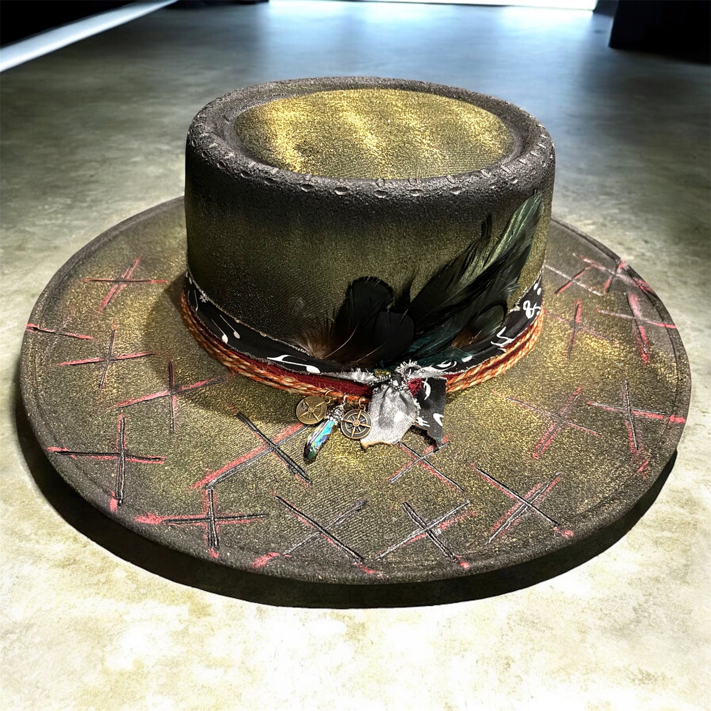 LotusLaRouge Customized Fedora Burned Hat, Multicolored Green Gold
