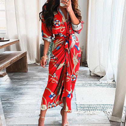 Mandotos European And American Print Long Sleeve Laceup Button Front Shirt Dress