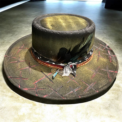 LotusLaRouge Customized Fedora Burned Hat, Multicolored Green Gold