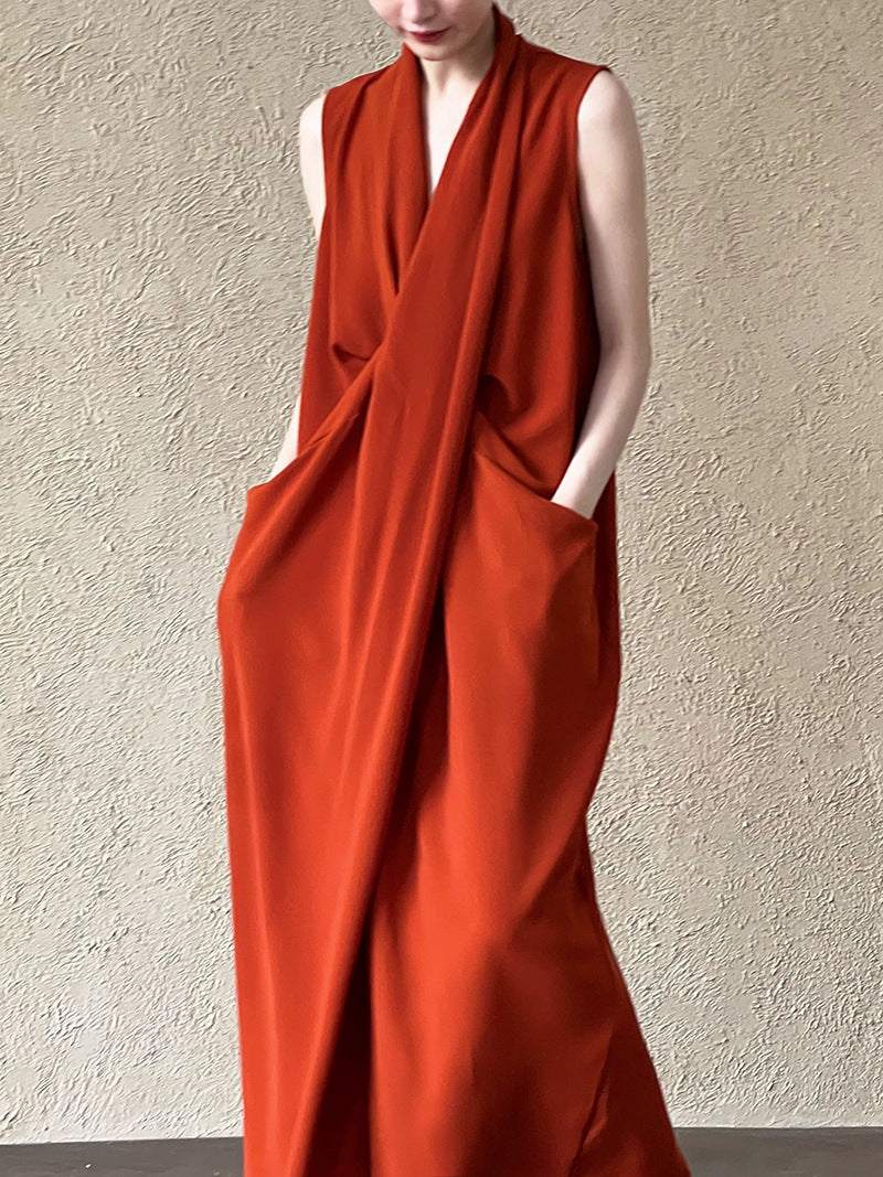 V-Neck Sleeveless Knot Waist Dress