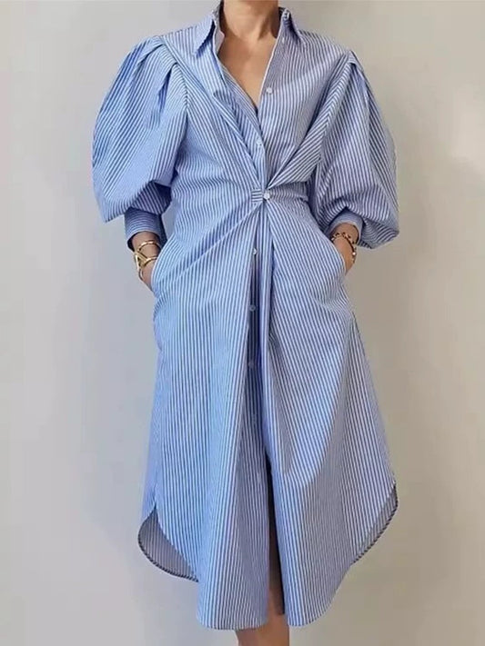 Lrregular Lantern Sleeve Striped Shirt Dress