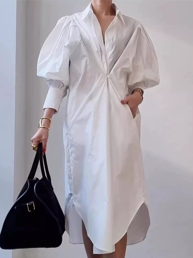 Lrregular Lantern Sleeve Striped Shirt Dress