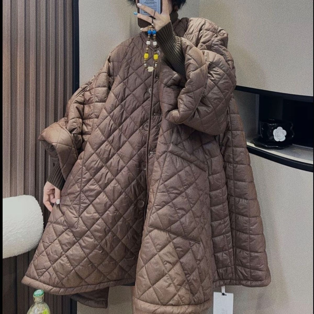 Diamond-Patterned Plus A-line Cotton Coat