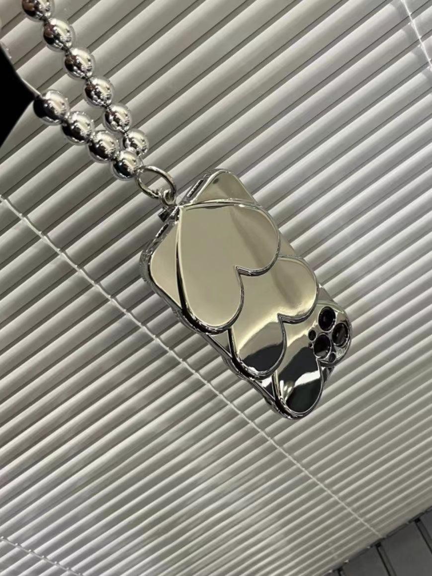 Bright Silver Heart Mirror Hand Chain Phone Case