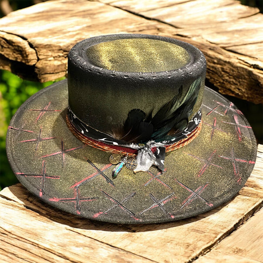LotusLaRouge Customized Fedora Burned Hat, Multicolored Green Gold
