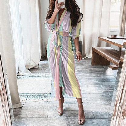 Mandotos European And American Print Long Sleeve Laceup Button Front Shirt Dress