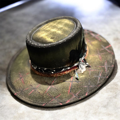 LotusLaRouge Customized Fedora Burned Hat, Multicolored Green Gold