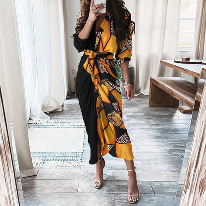 Mandotos European And American Print Long Sleeve Laceup Button Front Shirt Dress