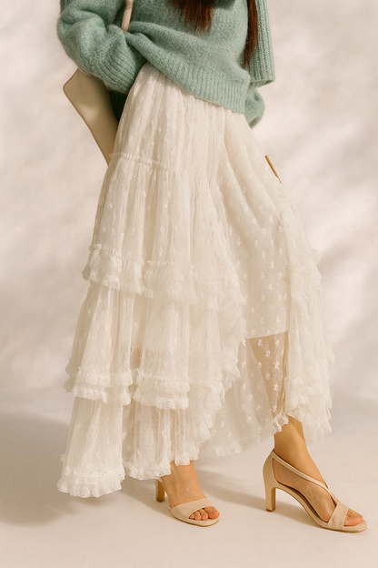 Miss Sparkling | Lace Ruffle Mesh Maxi Skirt