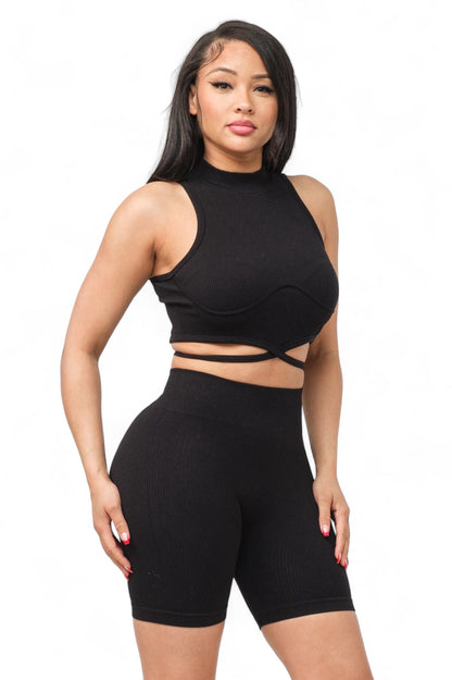 Seamless Front Waist Back Tie Top and Shorts Set