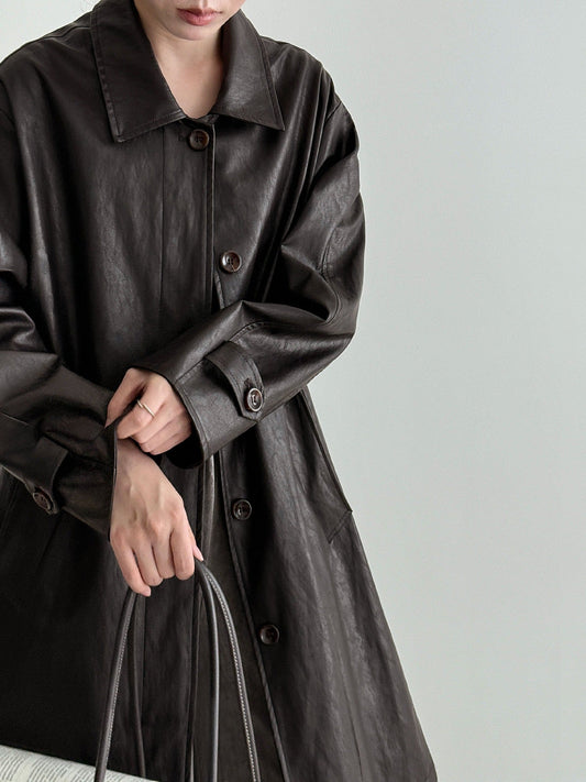 Vintage PU Lapel Leather Mid-length Windbreaker Jacket