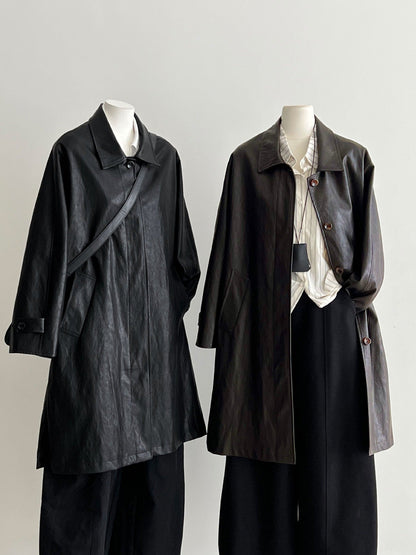 Vintage PU Lapel Leather Mid-length Windbreaker Jacket