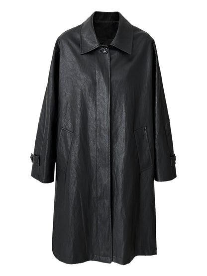 Vintage PU Lapel Leather Mid-length Windbreaker Jacket