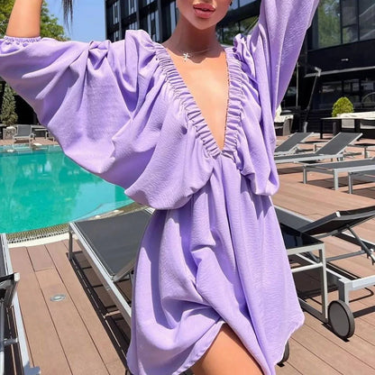 Mandotos Deep V Neck Retro Pleated Dress With Long Sleeves Pink Large Size For Women