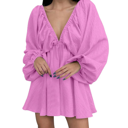 Mandotos Deep V Neck Retro Pleated Dress With Long Sleeves Pink Large Size For Women