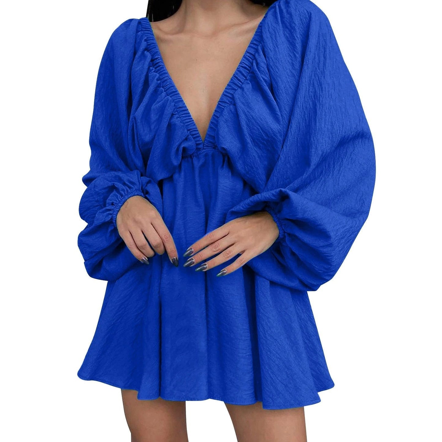 Mandotos Deep V Neck Retro Pleated Dress With Long Sleeves Pink Large Size For Women