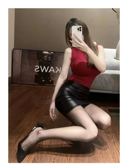 Mandotos Black Imitation Leather Pencil Mini Skirt High Waist Korean Fashion Women Wholesale Summer